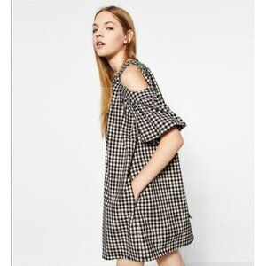 Zara Black White Gingham Baby Doll Dress Cold Shoulder Tie Back  XSmall